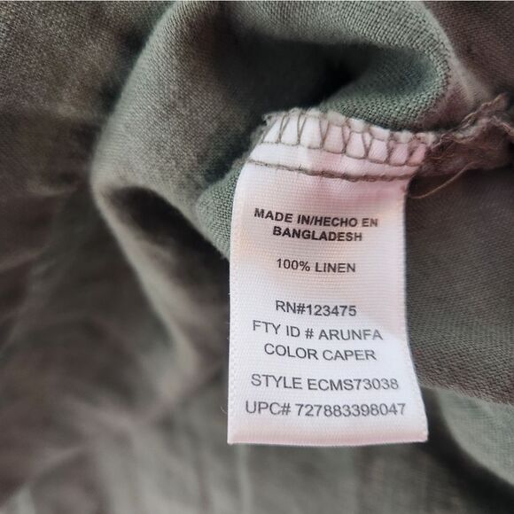 Ellen Tracy M Caper Green 100% LINEN Roll Tab Sleeve High Low Women’s Blouse - Picture 4 of 8